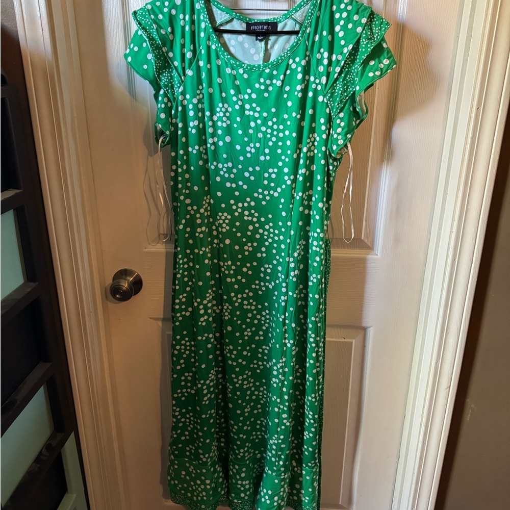 Perceptions Green and White Polka Dot Midi Dress